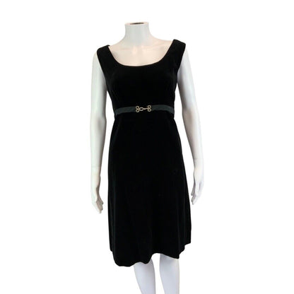 Vintage 60s 70s Black Velvet Belted Sleeveless Mid Length Mod Dress S 8/10