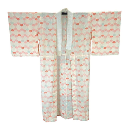 Vintage 60s 70s Cream Pink Blue Fan Print Komon Showa Kimono 12 14 M