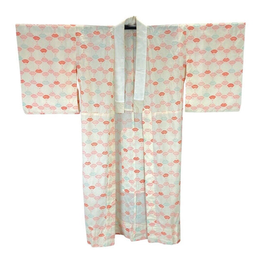 Vintage 60s 70s Cream Pink Blue Fan Print Komon Showa Kimono 12 14 M