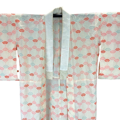 Vintage 60s 70s Cream Pink Blue Fan Print Komon Showa Kimono 12 14 M