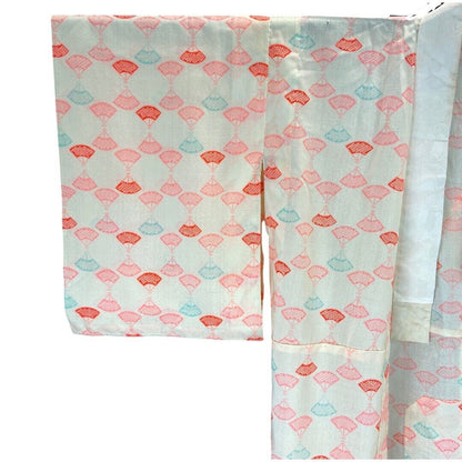 Vintage 60s 70s Cream Pink Blue Fan Print Komon Showa Kimono 12 14 M