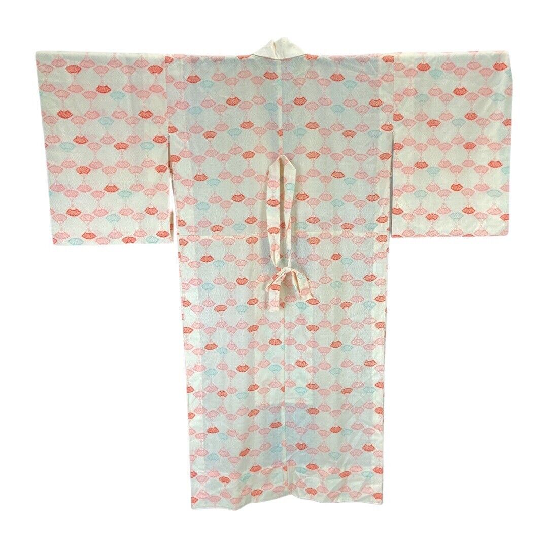 Vintage 60s 70s Cream Pink Blue Fan Print Komon Showa Kimono 12 14 M
