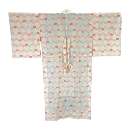 Vintage 60s 70s Cream Pink Blue Fan Print Komon Showa Kimono 12 14 M