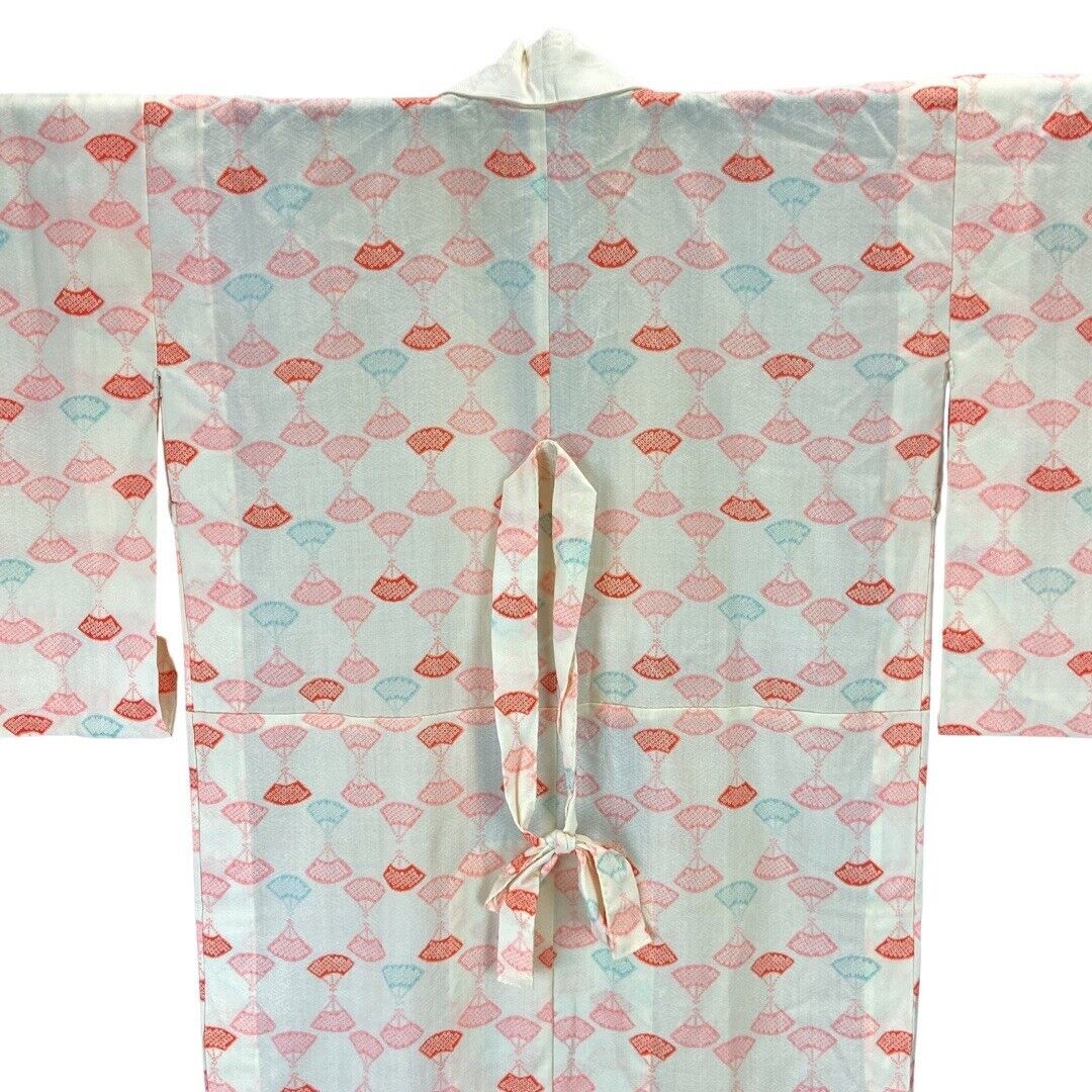 Vintage 60s 70s Cream Pink Blue Fan Print Komon Showa Kimono 12 14 M