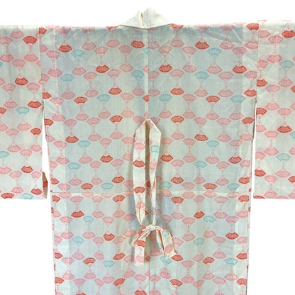 Vintage 60s 70s Cream Pink Blue Fan Print Komon Showa Kimono 12 14 M