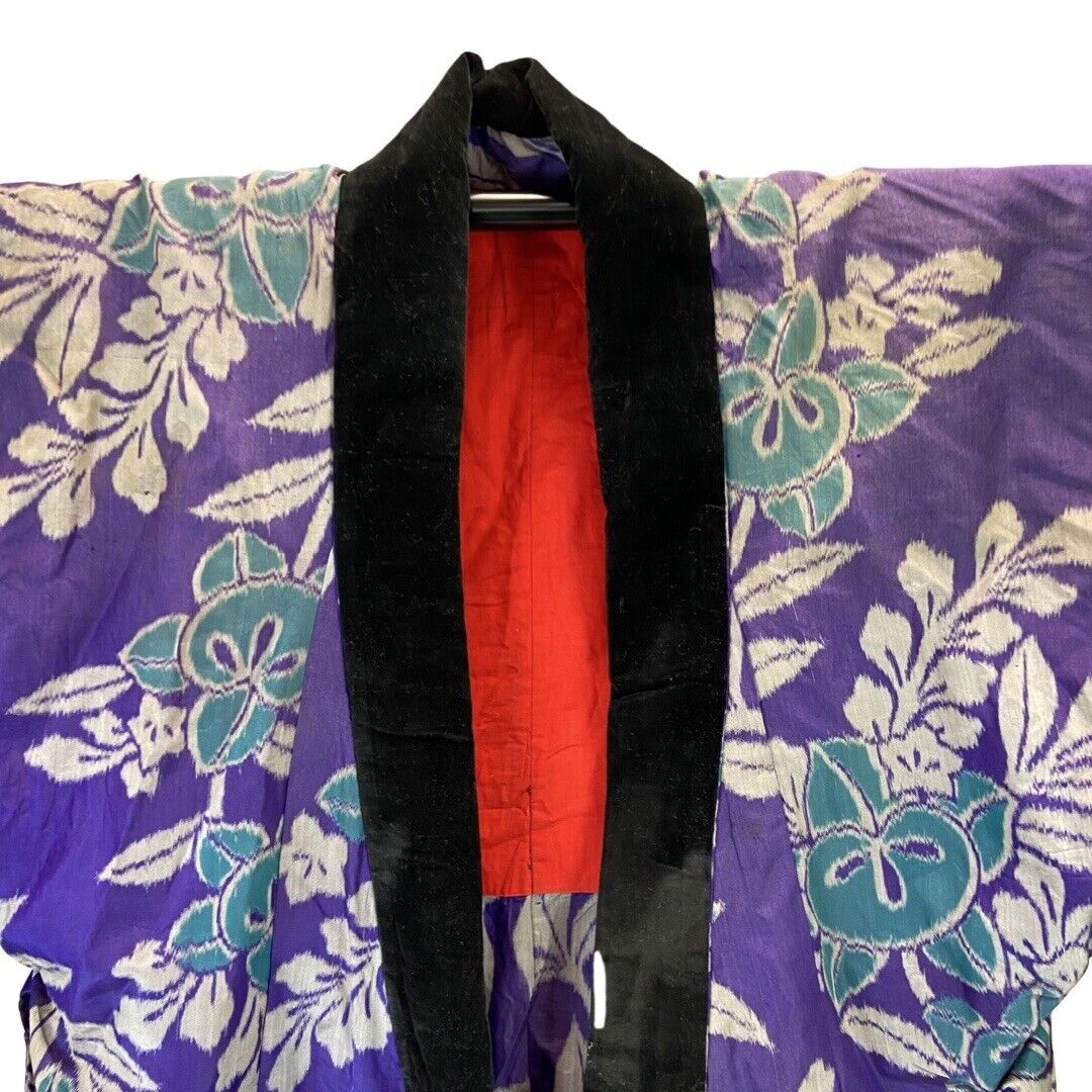 Vintage 80s 90s Purple Velvet Floral Pattern Komon Haori Showa Kimono 18 XL