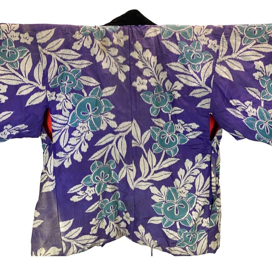 Vintage 80s 90s Purple Velvet Floral Pattern Komon Haori Showa Kimono 18 XL