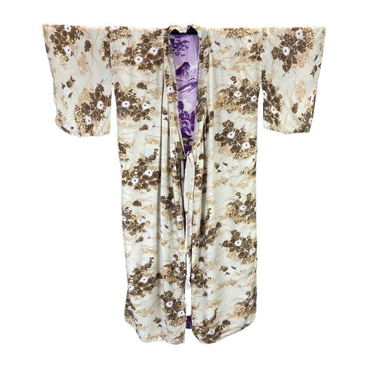 Vintage 80s 90s Beige Purple Floral Geometric Reversible Komon Kimono 14 16 L