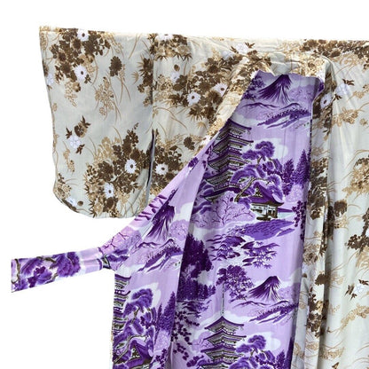 Vintage 80s 90s Beige Purple Floral Geometric Reversible Komon Kimono 14 16 L