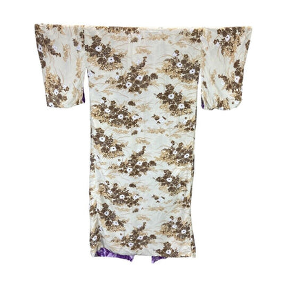 Vintage 80s 90s Beige Purple Floral Geometric Reversible Komon Kimono 14 16 L