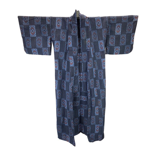 Vintage 80s 90s Navy Indigo Blue Geometric Print Komon Showa Kimono 18 20 XL