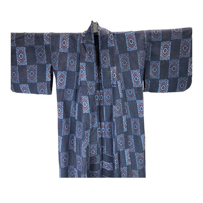 Vintage 80s 90s Navy Indigo Blue Geometric Print Komon Showa Kimono 18 20 XL