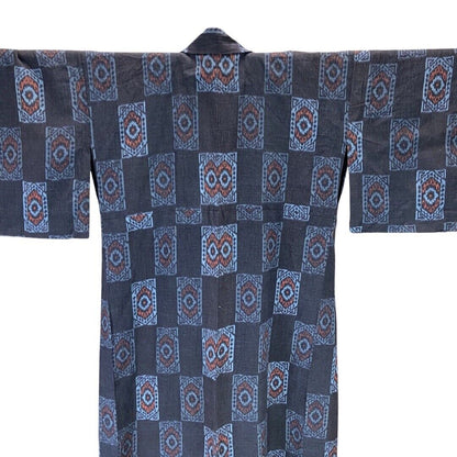 Vintage 80s 90s Navy Indigo Blue Geometric Print Komon Showa Kimono 18 20 XL