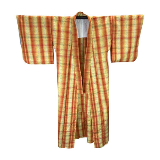 Vintage 80s 90s Orange Yellow Tie-Dye Striped Komon Showa Kimono 16 L