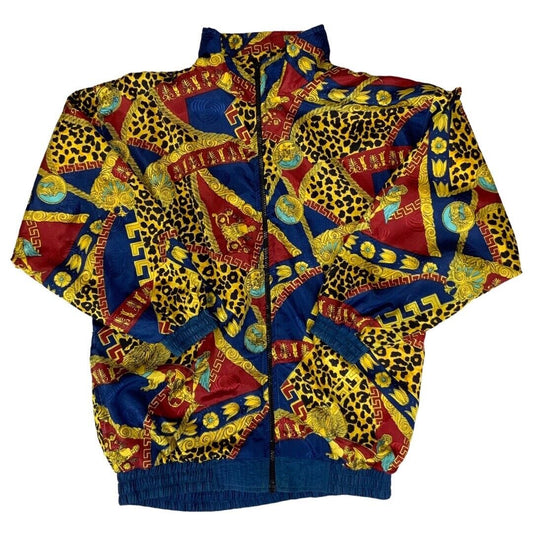 VTG 80s90s NavyRedGold SouthHarbour Baroque Leopard Print Shell Bomber Jacket L