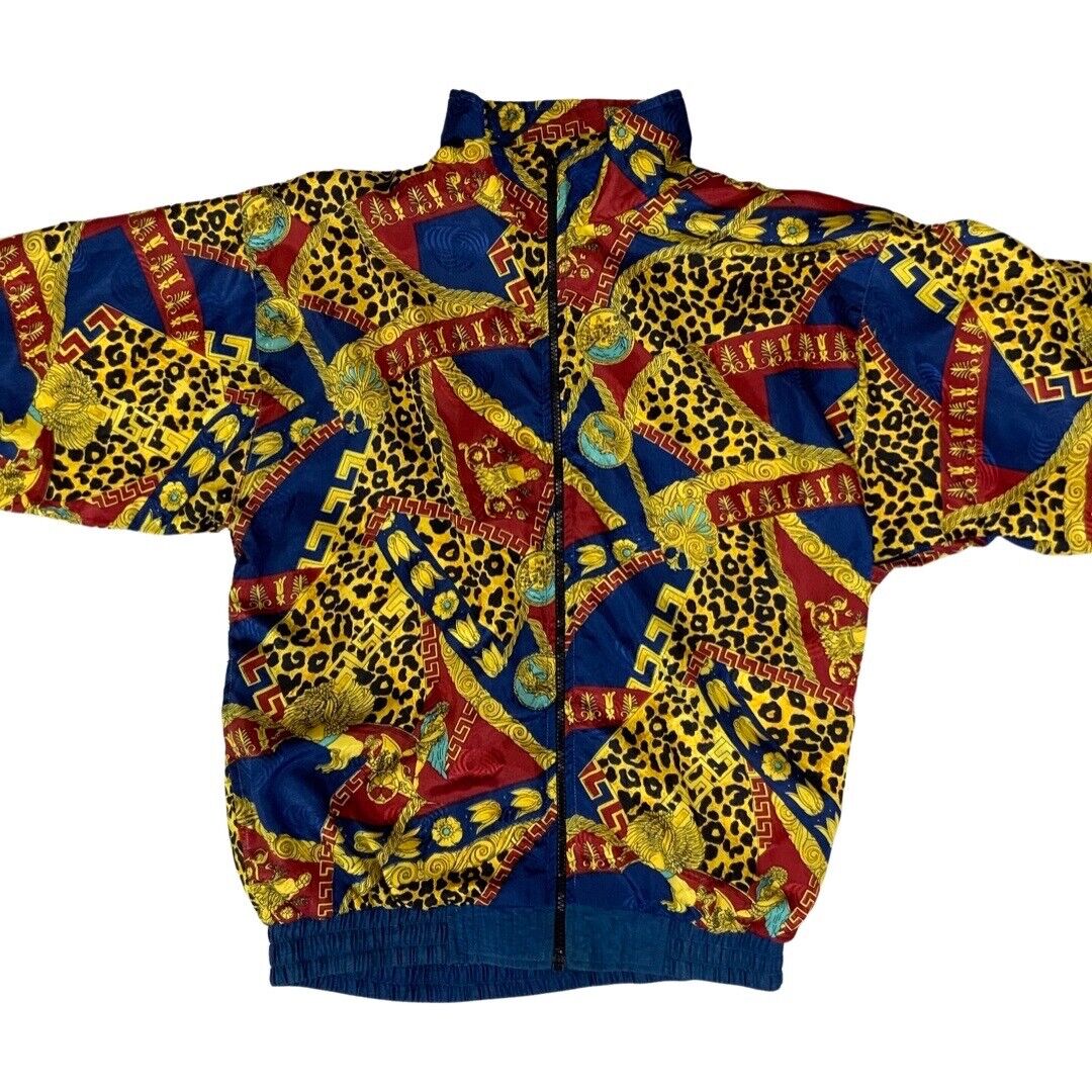 VTG 80s90s NavyRedGold SouthHarbour Baroque Leopard Print Shell Bomber Jacket L