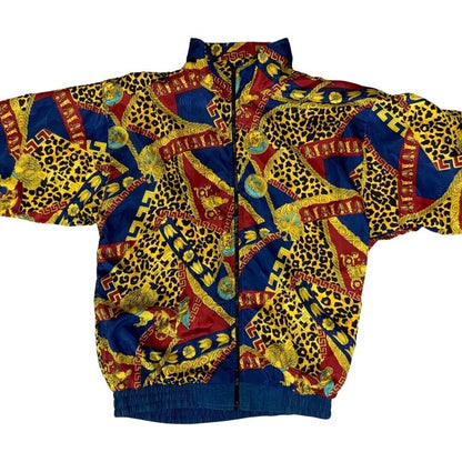 VTG 80s90s NavyRedGold SouthHarbour Baroque Leopard Print Shell Bomber Jacket L