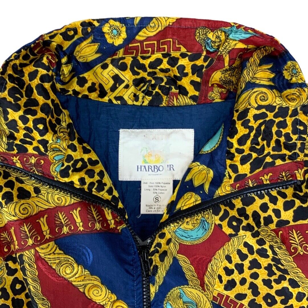VTG 80s90s NavyRedGold SouthHarbour Baroque Leopard Print Shell Bomber Jacket L