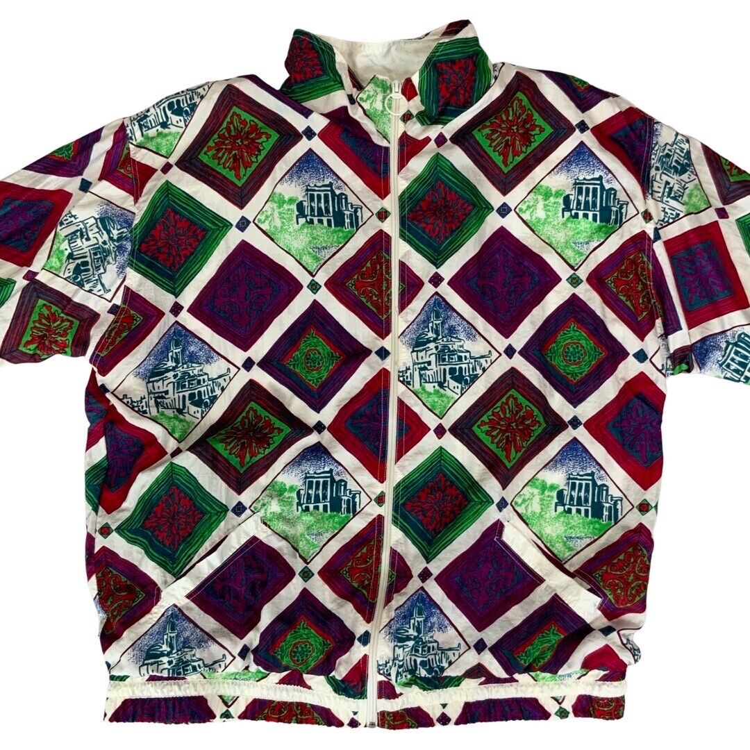 VTG 80s90s White High Intensity Graphic Geometric Print Shell Bomber Jacket XXL