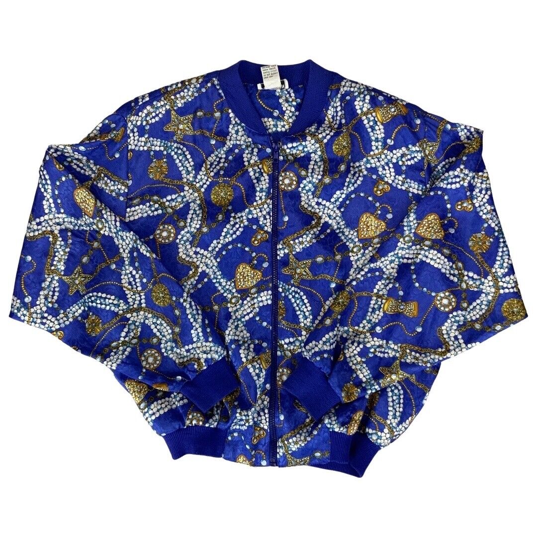 VTG 80s90s Blue Paragon Graphic Baroque Jewels Printed Shell Bomber Jacket XL