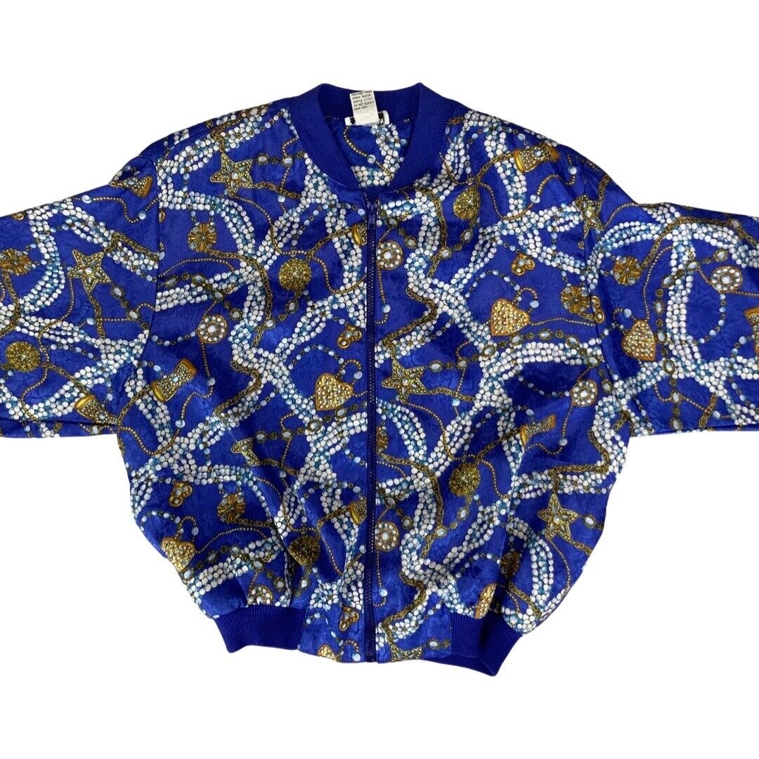 VTG 80s90s Blue Paragon Graphic Baroque Jewels Printed Shell Bomber Jacket XL