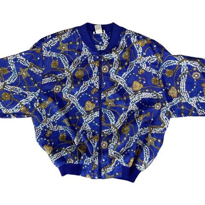 VTG 80s90s Blue Paragon Graphic Baroque Jewels Printed Shell Bomber Jacket XL
