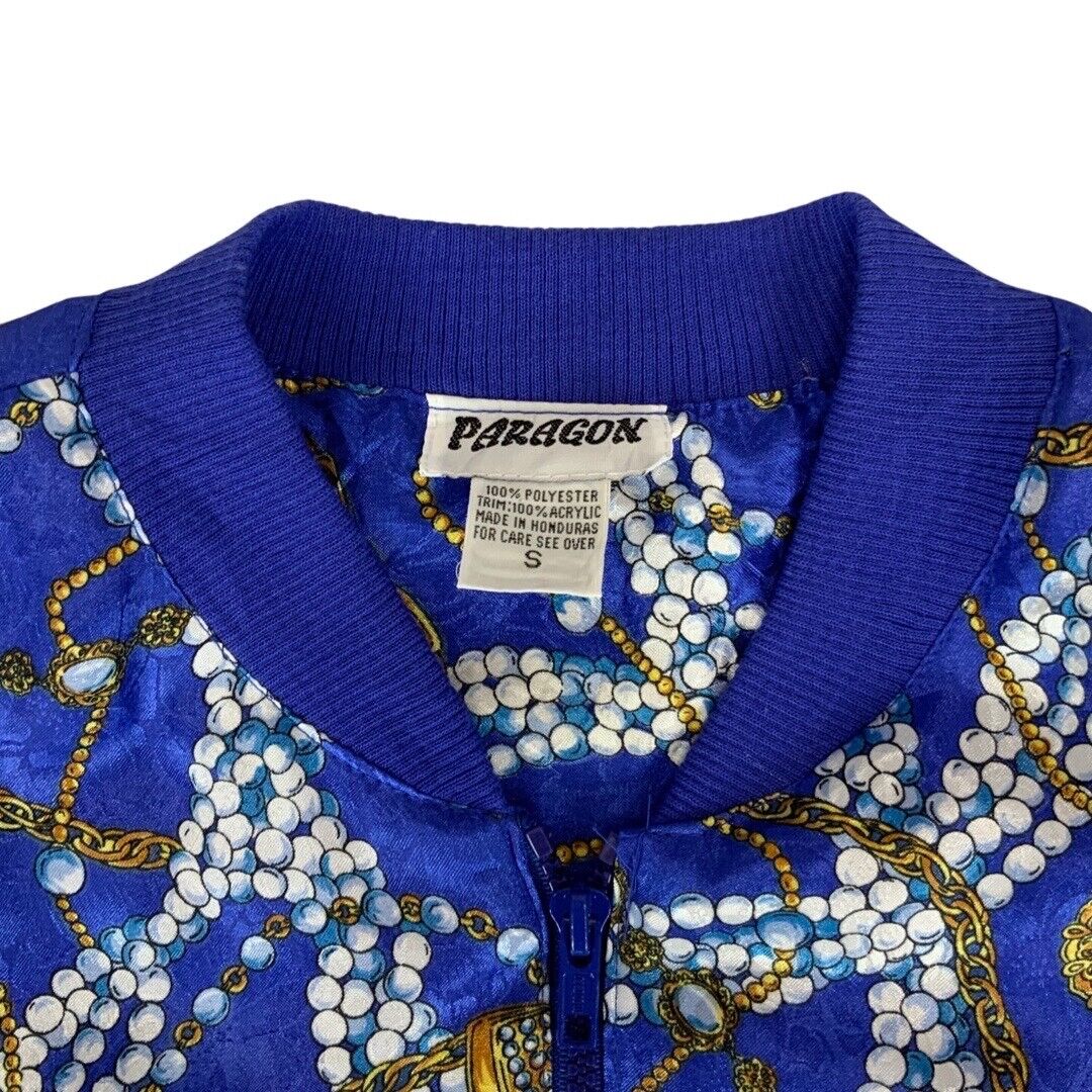VTG 80s90s Blue Paragon Graphic Baroque Jewels Printed Shell Bomber Jacket XL