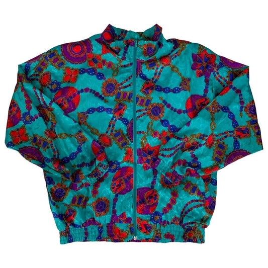 Vintage 80s 90s Blue Sunterra Baroque Jewels Printed Shell Bomber Jacket XXL