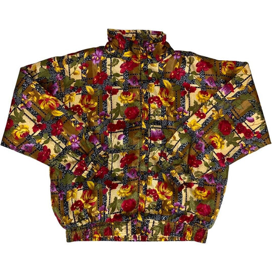 Vintage 80s 90s Green Red ARGEE Sports Floral Patterned Shell Bomber Jacket
