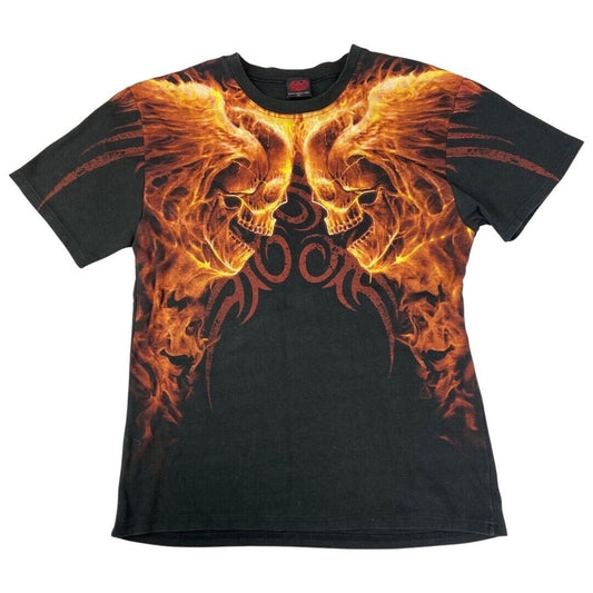 Vintage 00s Y2k Spiral Direct Tribal Flaming Skull Double Sided Graphic Tee XL