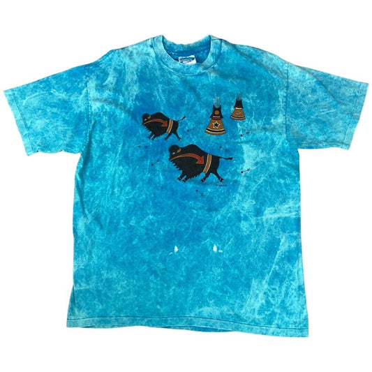 VTG 1989 Blue Tie Dye Native American Wild West Artwear Buffalo Graphic Tee LRG