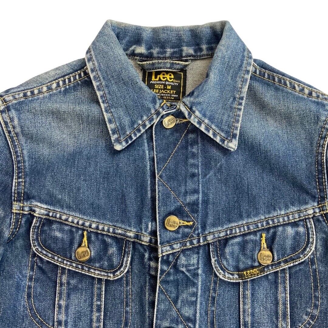 VTG 80s DENIM LEE SLIM TRUCKER RODEO JACKET MOD ROCKABILLY BIKER BOMBER 32” XS