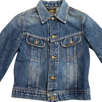 VTG 80s DENIM LEE SLIM TRUCKER RODEO JACKET MOD ROCKABILLY BIKER BOMBER 32” XS
