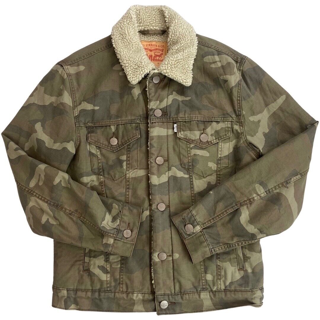 LEVIS WHITE TAB SHERPA LINED CANVAS CAMO TRUCKER JACKET ROCKABILLY TOZZIN 38” S