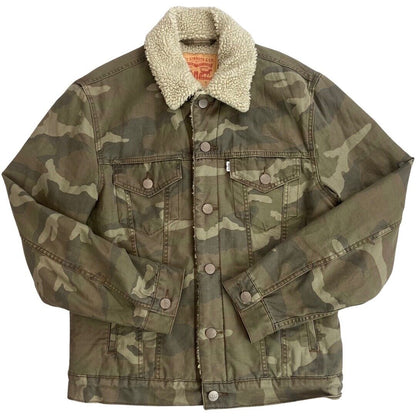 LEVIS WHITE TAB SHERPA LINED CANVAS CAMO TRUCKER JACKET ROCKABILLY TOZZIN 38” S