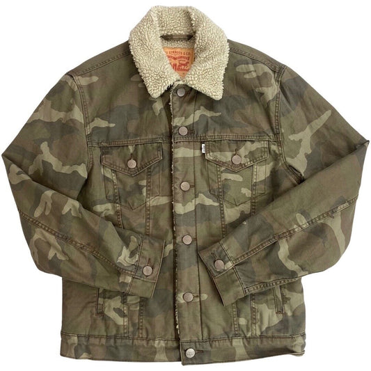 LEVIS WHITE TAB SHERPA LINED CANVAS CAMO TRUCKER JACKET ROCKABILLY TOZZIN 38” S