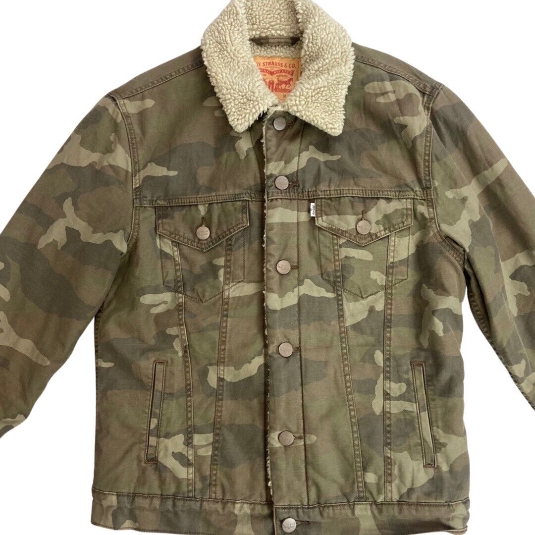 LEVIS WHITE TAB SHERPA LINED CANVAS CAMO TRUCKER JACKET ROCKABILLY TOZZIN 38” S