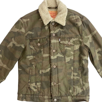 LEVIS WHITE TAB SHERPA LINED CANVAS CAMO TRUCKER JACKET ROCKABILLY TOZZIN 38” S