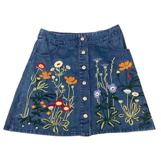 Vintage 90s 00s Blue Embroidered Button Floral A-Line Mini Skirt 8 10 S