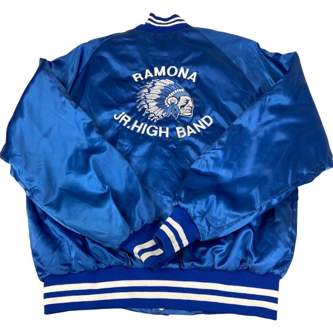 VTG 80s USA RAMONA JUNIOR HIGHSCHOOL BAND SATIN NYLON COACH VARITY JACKET L 44”