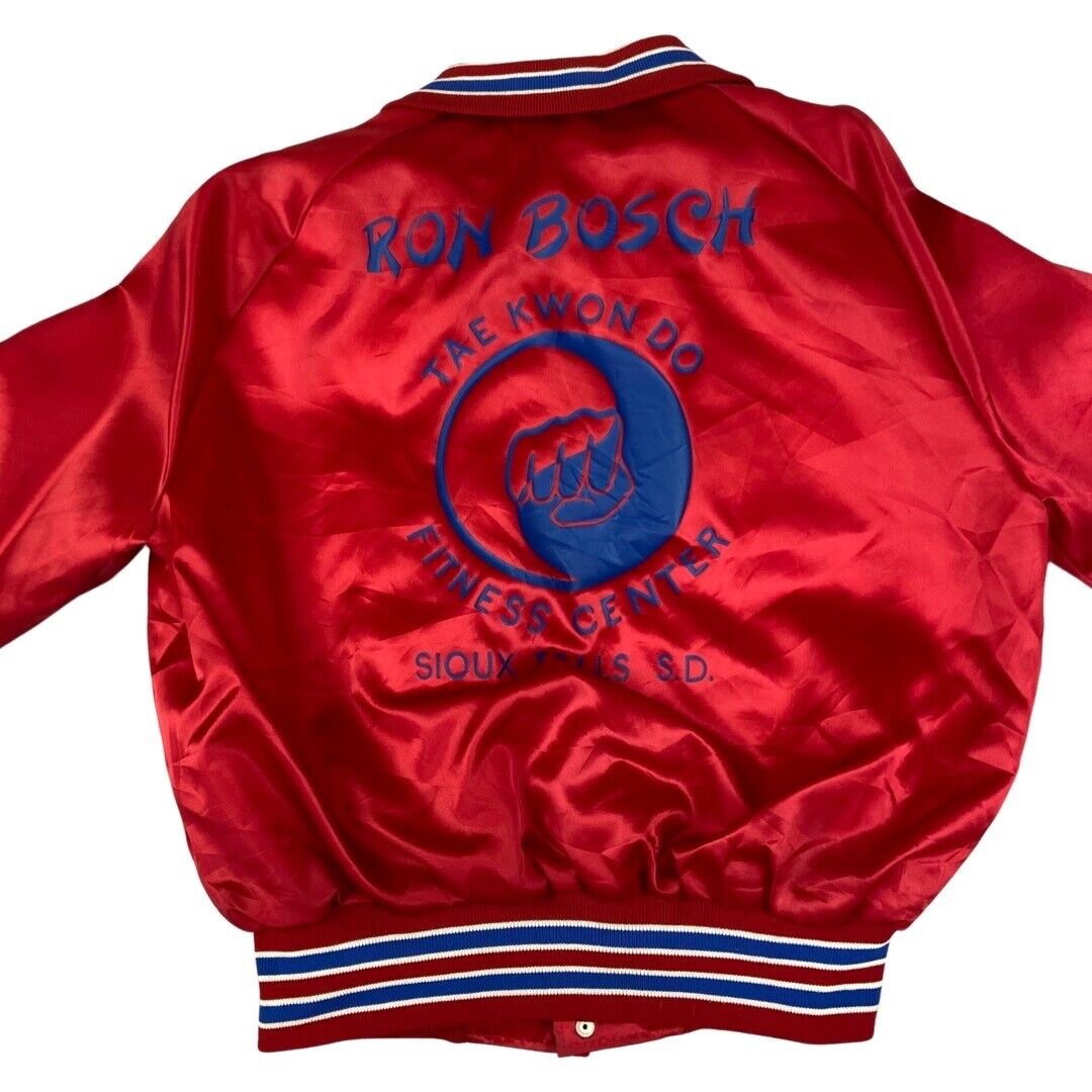 VTG 80s USA RON BOSCH TAE KWON DO SIOUX FALLS DAKOTA SATIN VARSITY JACKET S 38”