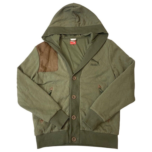 2000s Khaki Green & Brown Puma Button-Up Hooded Jacket Large SAMPLE
