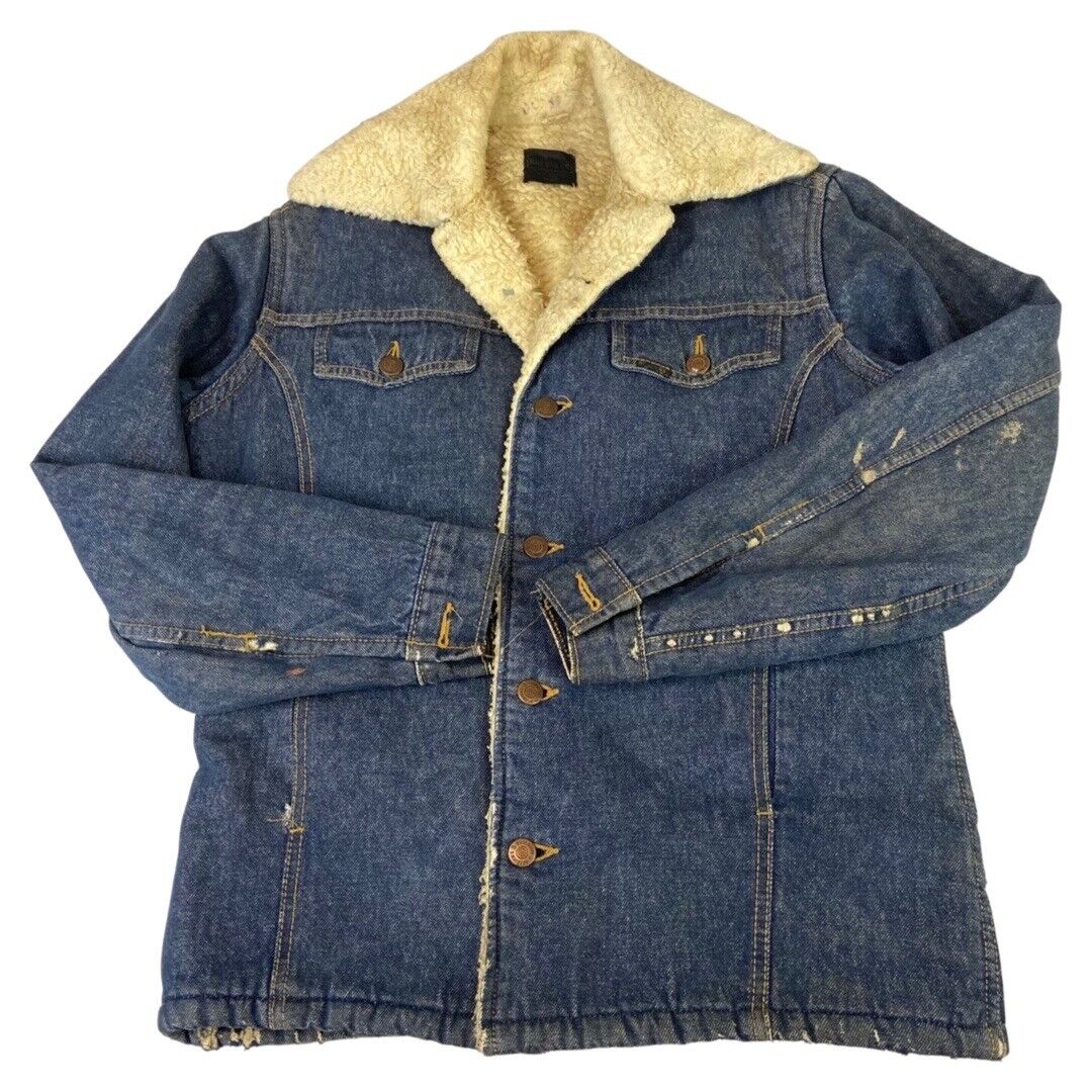 VTG 70S USA SEARS INDIGO ROEBUCKS SHERPA LINED DENIM WESTERN BARN JACKET 38” S