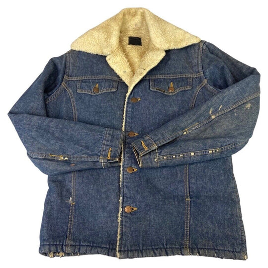VTG 70S USA SEARS INDIGO ROEBUCKS SHERPA LINED DENIM WESTERN BARN JACKET 38” S