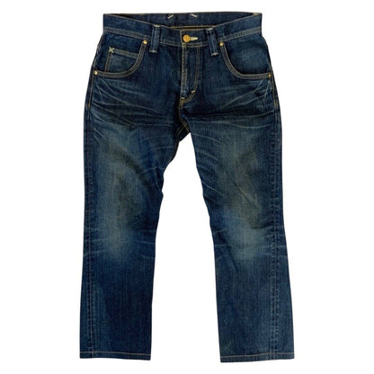 LTD LEE GOLD LEATHER LABEL JAPANESE TWISTED DENIM JEANS TWISTED SEAM 32”W 28”L