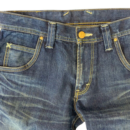 LTD LEE GOLD LEATHER LABEL JAPANESE TWISTED DENIM JEANS TWISTED SEAM 32”W 28”L