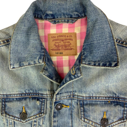 VTG LEVIS 10180 PINK FLANNEL LINED TYPE 3 TRUCKER DENIM JACKET  36” S