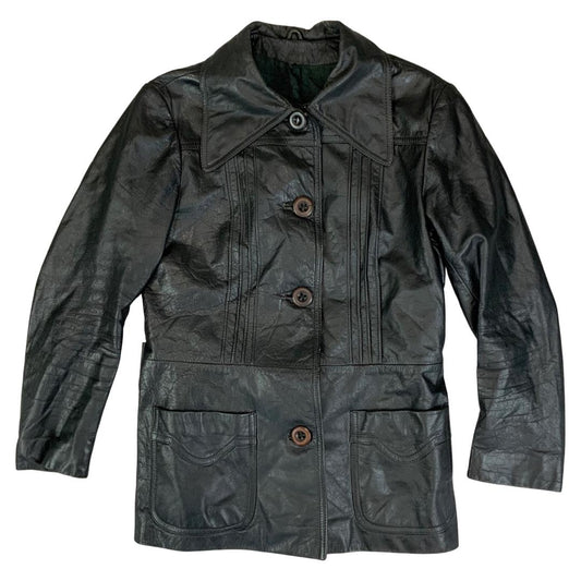 LADIES VTG 70s SOFT BLACK LEATHER BUTTON DOWN JACKET BIG COLLARS MOD SIZE 8/10