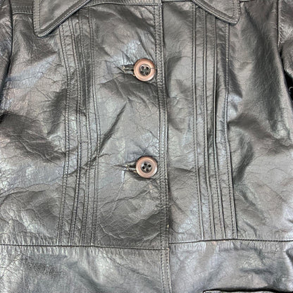 LADIES VTG 70s SOFT BLACK LEATHER BUTTON DOWN JACKET BIG COLLARS MOD SIZE 8/10