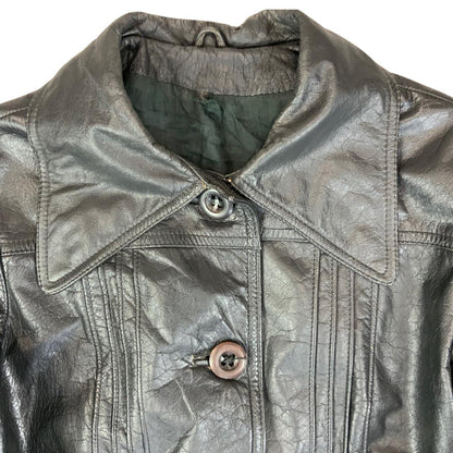 LADIES VTG 70s SOFT BLACK LEATHER BUTTON DOWN JACKET BIG COLLARS MOD SIZE 8/10
